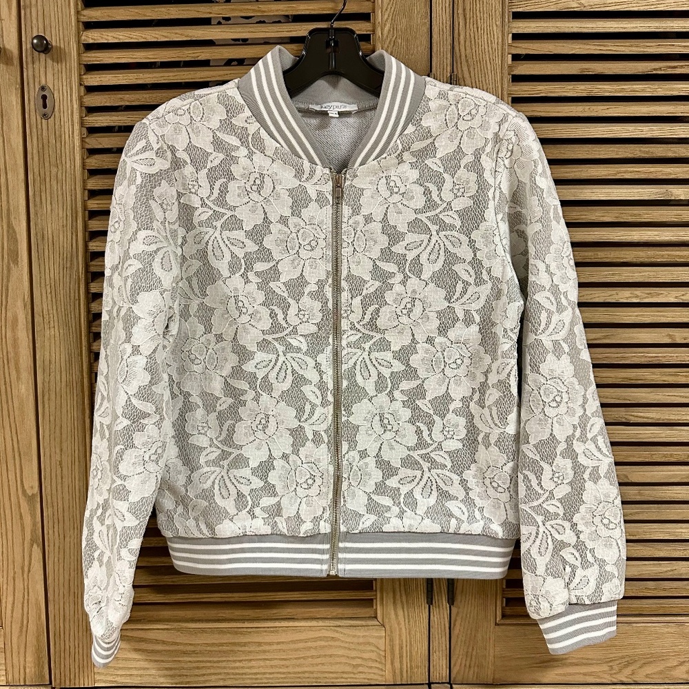 Lucy Paris Floral Lace White Grey Bomber Jacket Size Small